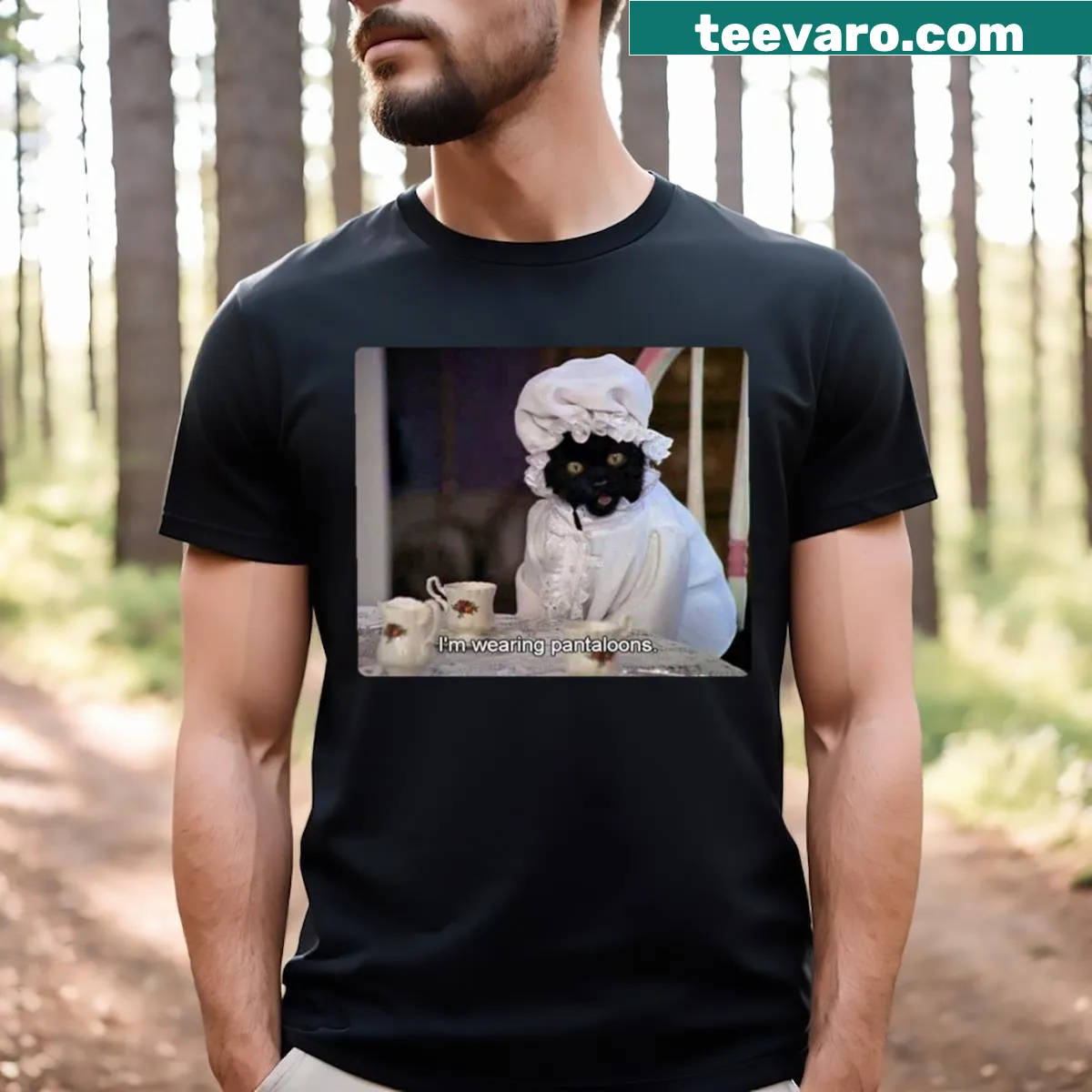 Cartoon of a cat named Salem wearing colorful pantaloons on a T-shirt. — on a men's t-shirt