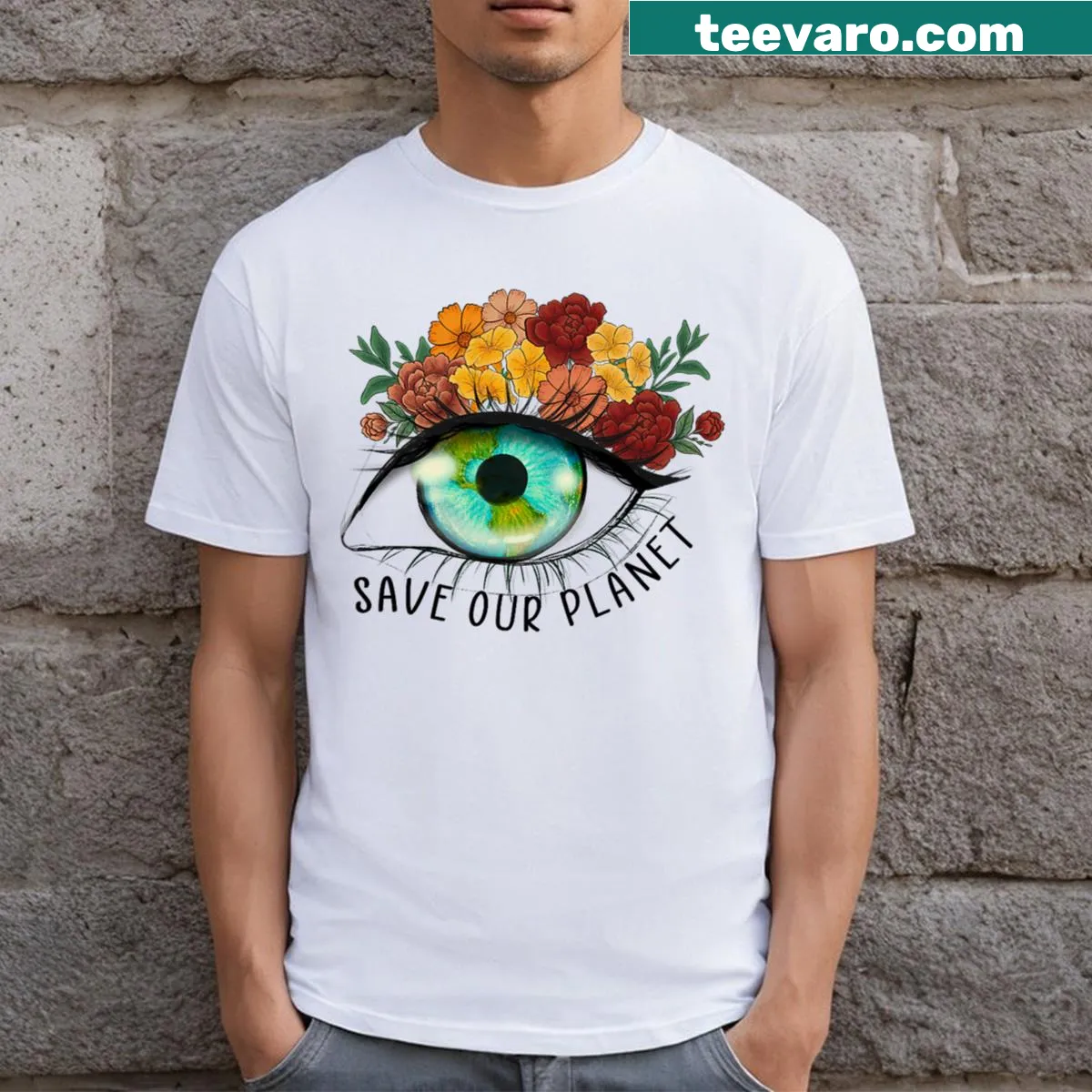 Cute Earth Day illustration for kids featuring a happy Earth and nature elements. — on a men's t-shirt