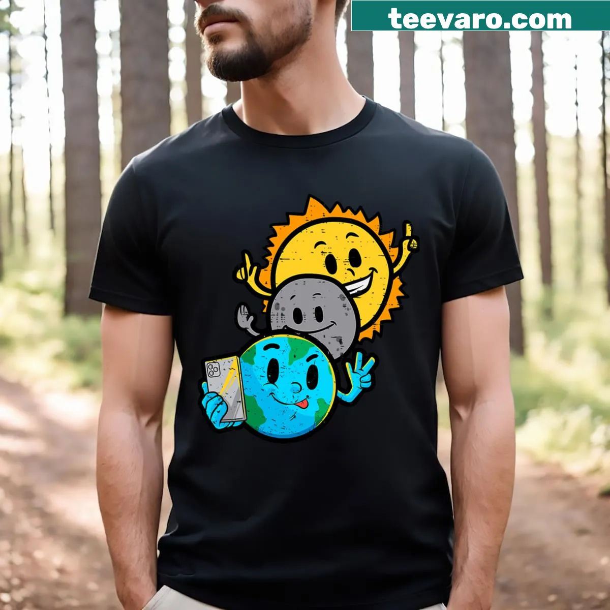 Illustration of Earth, Moon, and Sun for Total Solar Eclipse 2024 — on a men's t-shirt