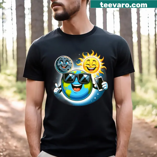 Funny cartoon T-shirt for kids with Earth, Moon, and Sun taking a selfie for the eclipse