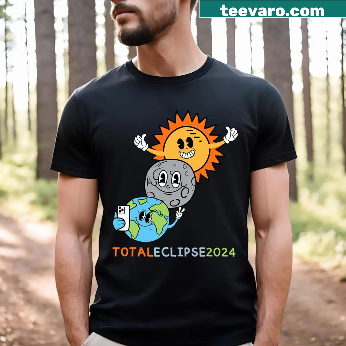 Funny illustration of Earth, Moon, and Sun taking a selfie for a solar eclipse. — on a men's t-shirt