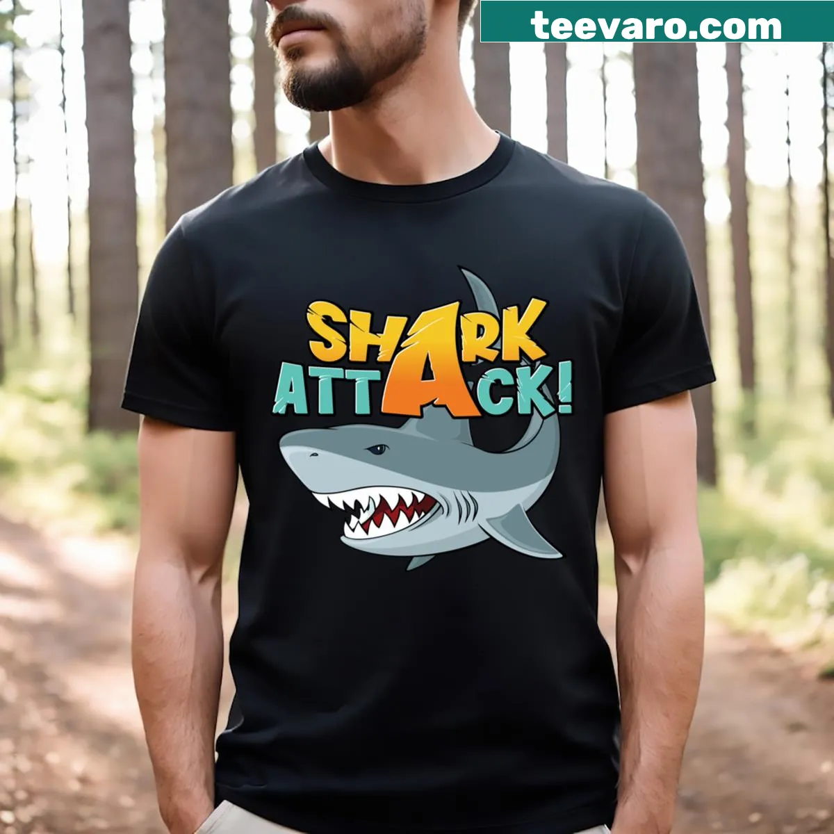 Bold illustration of a shark on a T-shirt — on a men's t-shirt
