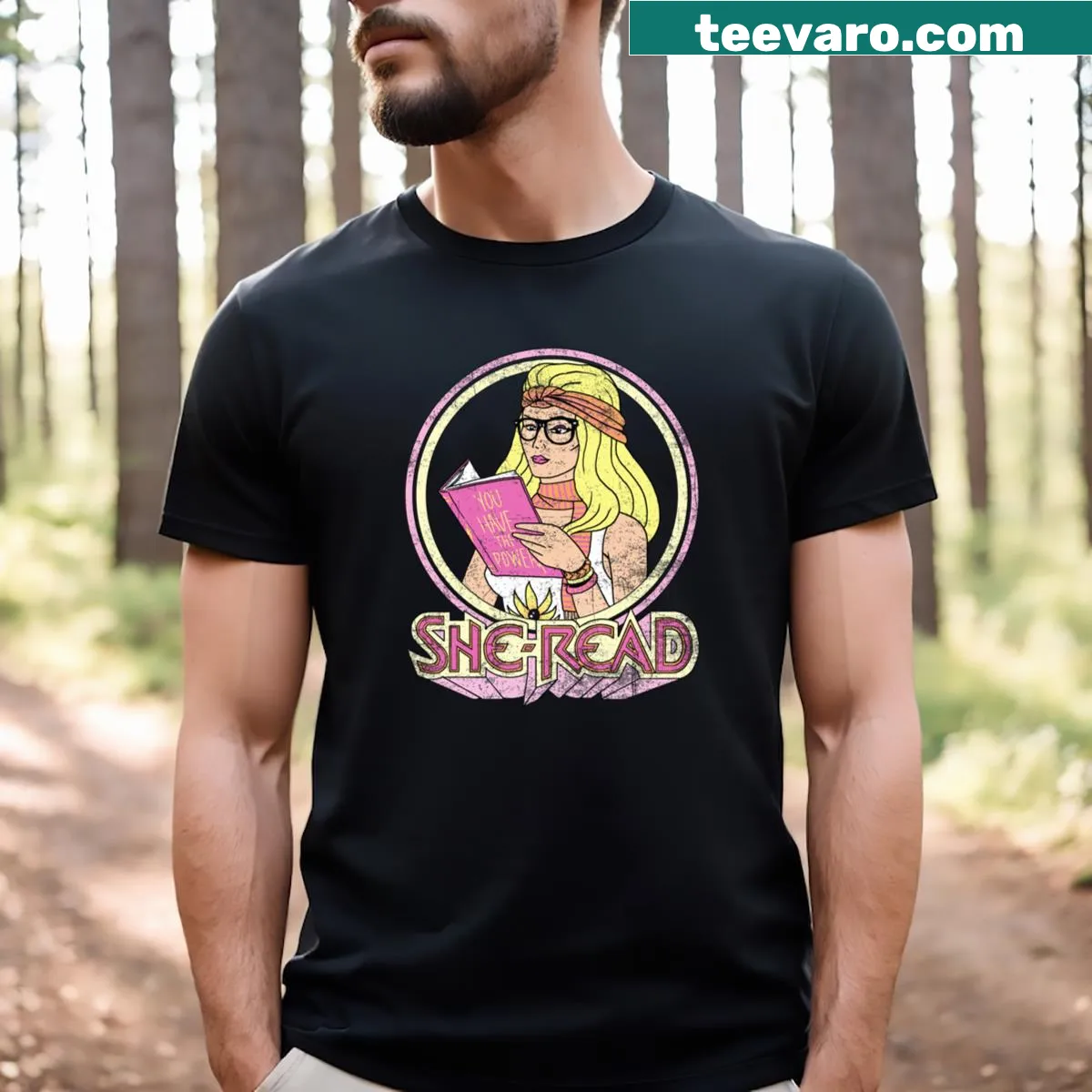 T-shirt featuring elegant typography saying 'She Read' for book lovers — on a men's t-shirt