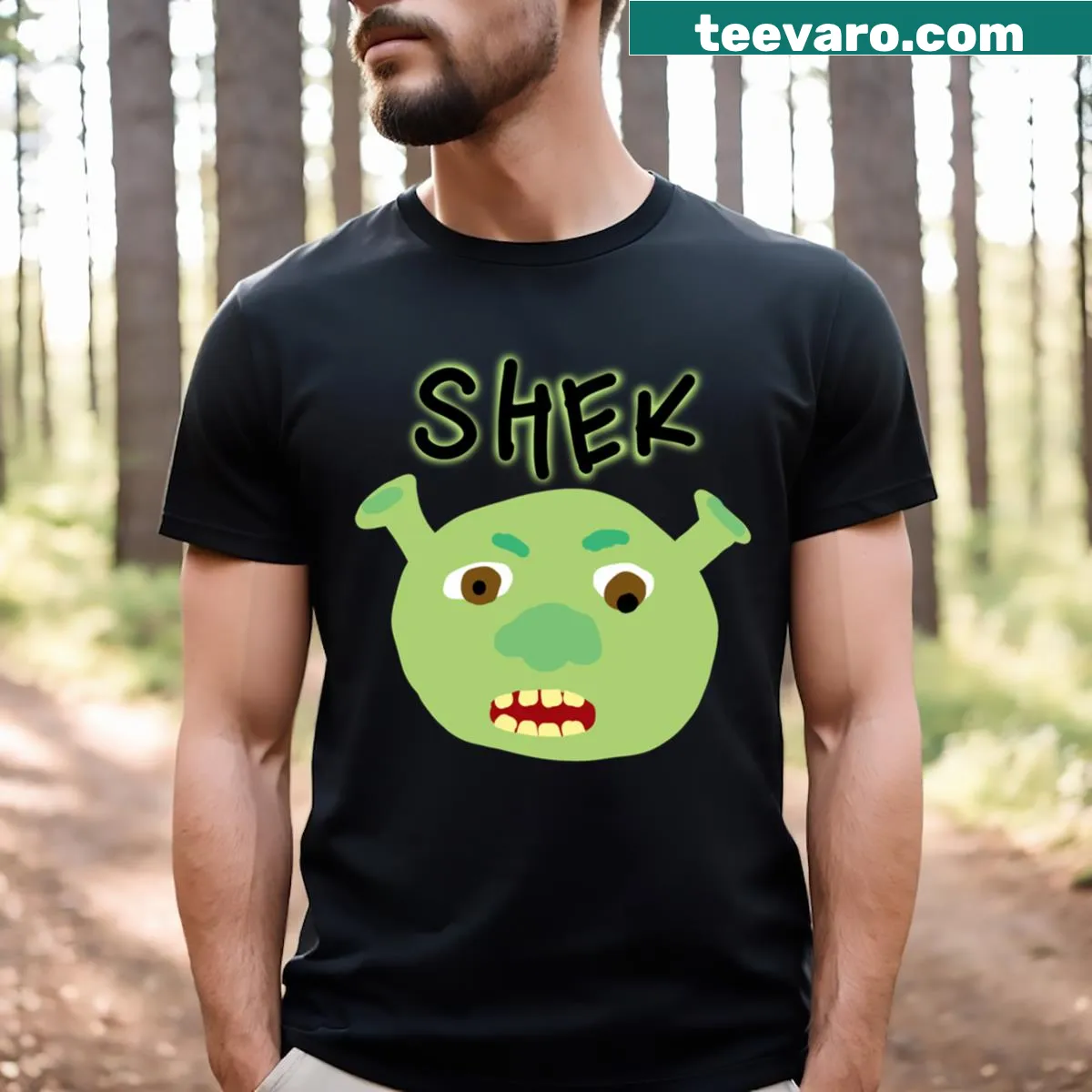 Cartoon of Shek the Ogre on a humorous T-shirt — on a men's t-shirt