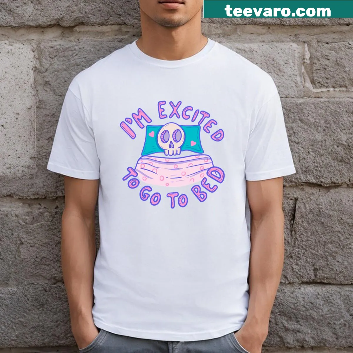 Whimsical t-shirt featuring excited skeleton in bed — on a men's t-shirt