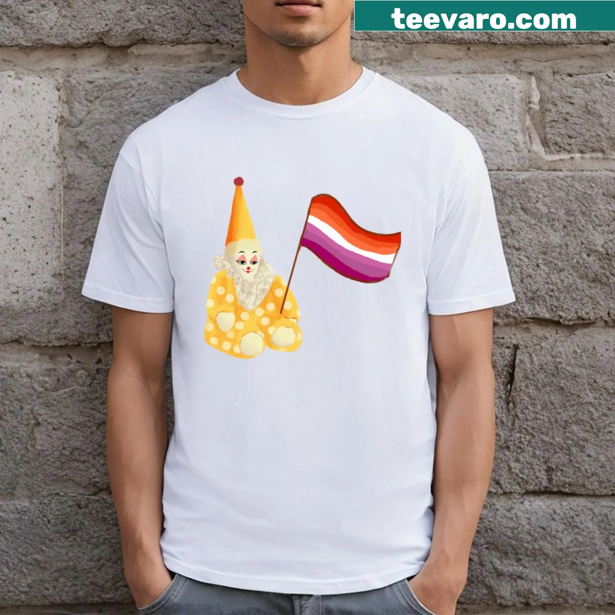 Quirky T-shirt featuring a small knowing clown graphic — on a men's t-shirt