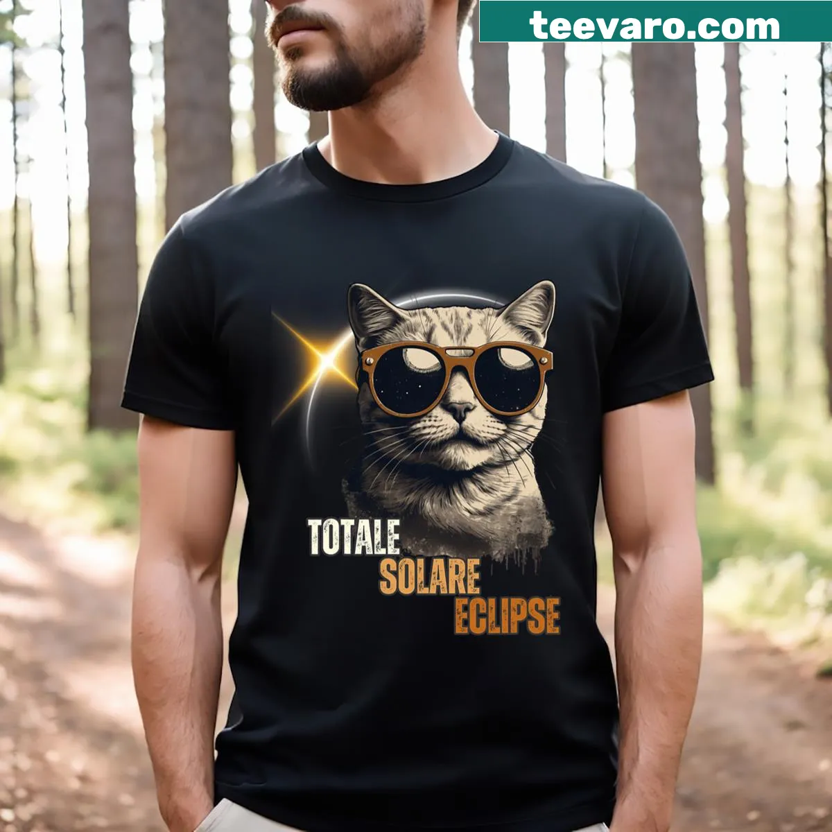 Funny cat wearing eclipse glasses T-shirt for solar eclipse — on a men's t-shirt