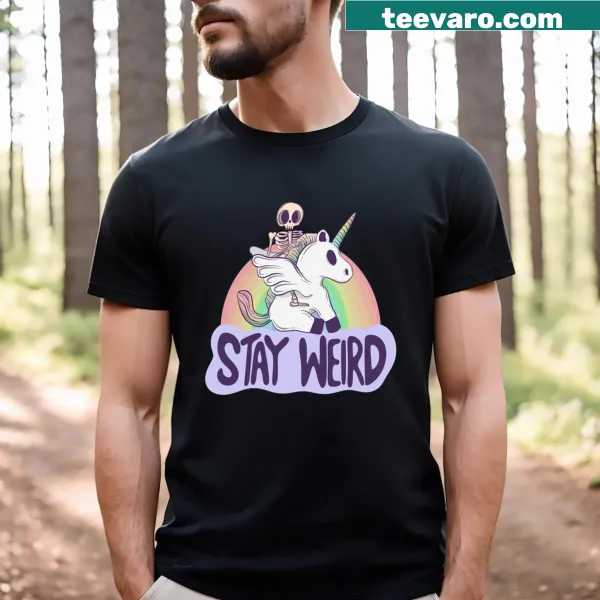 Whimsical skeleton riding a unicorn graphic t-shirt