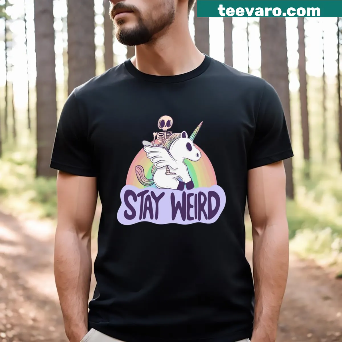 Whimsical skeleton riding a unicorn graphic t-shirt — on a men's t-shirt