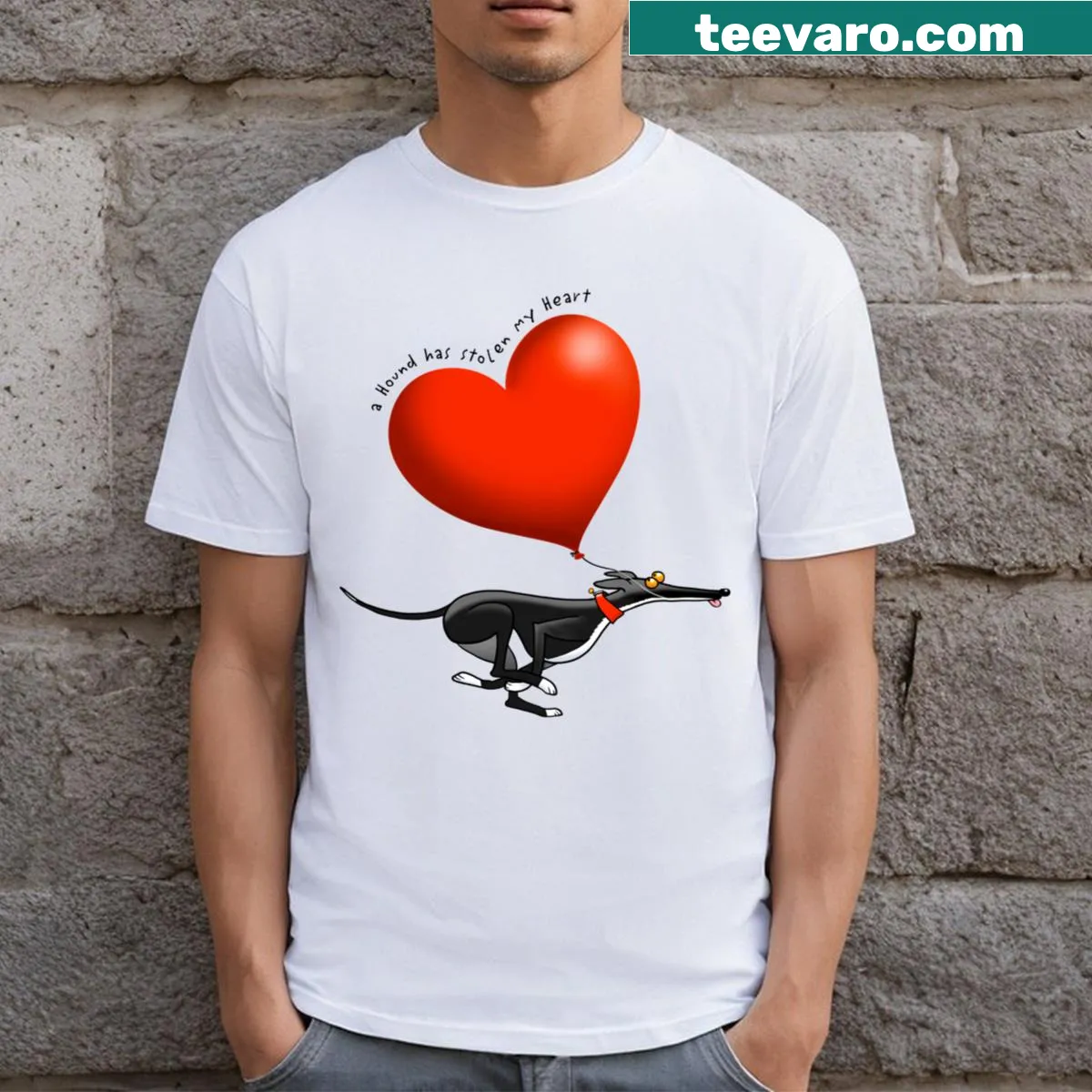 Illustration of a black hound with a sentimental message — on a men's t-shirt