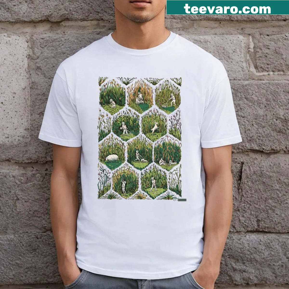 Illustrative T-shirt celebrating summer lawns — on a men's t-shirt