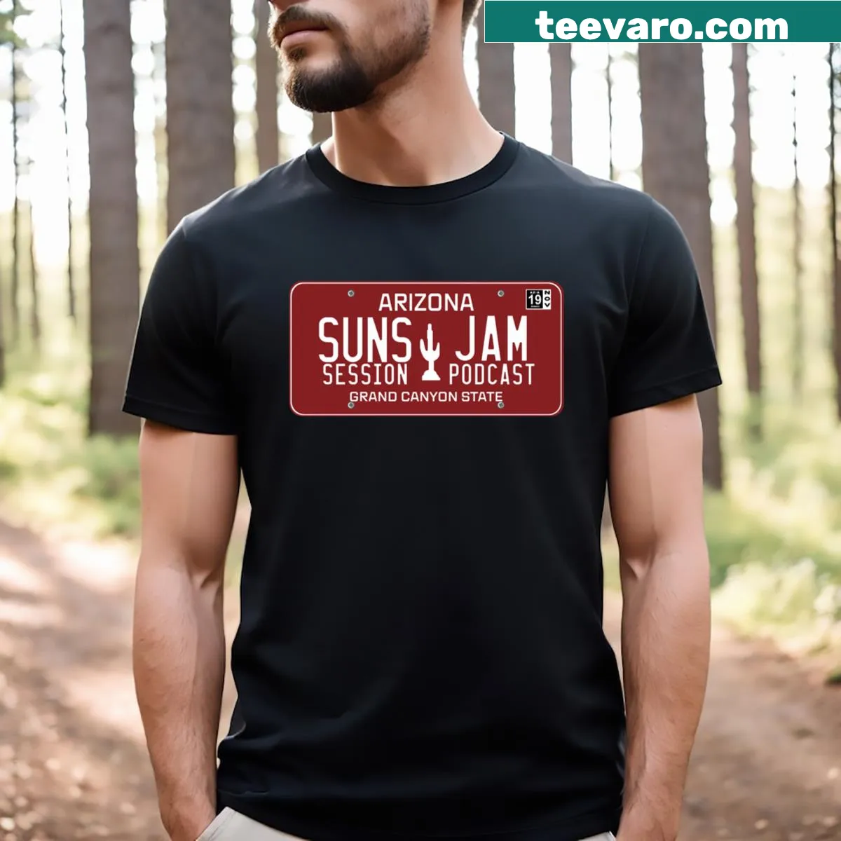 Illustrated Arizona license plate with 'Suns Jam' text — on a men's t-shirt