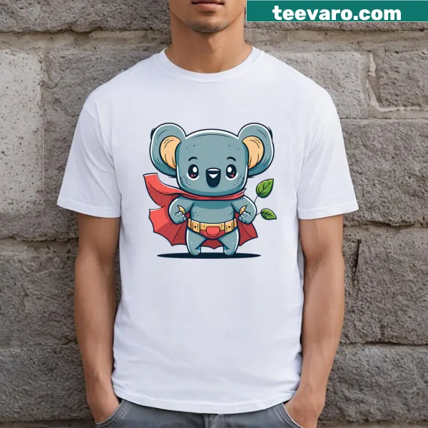 Cartoon superhero koala in a fun pose on a t-shirt