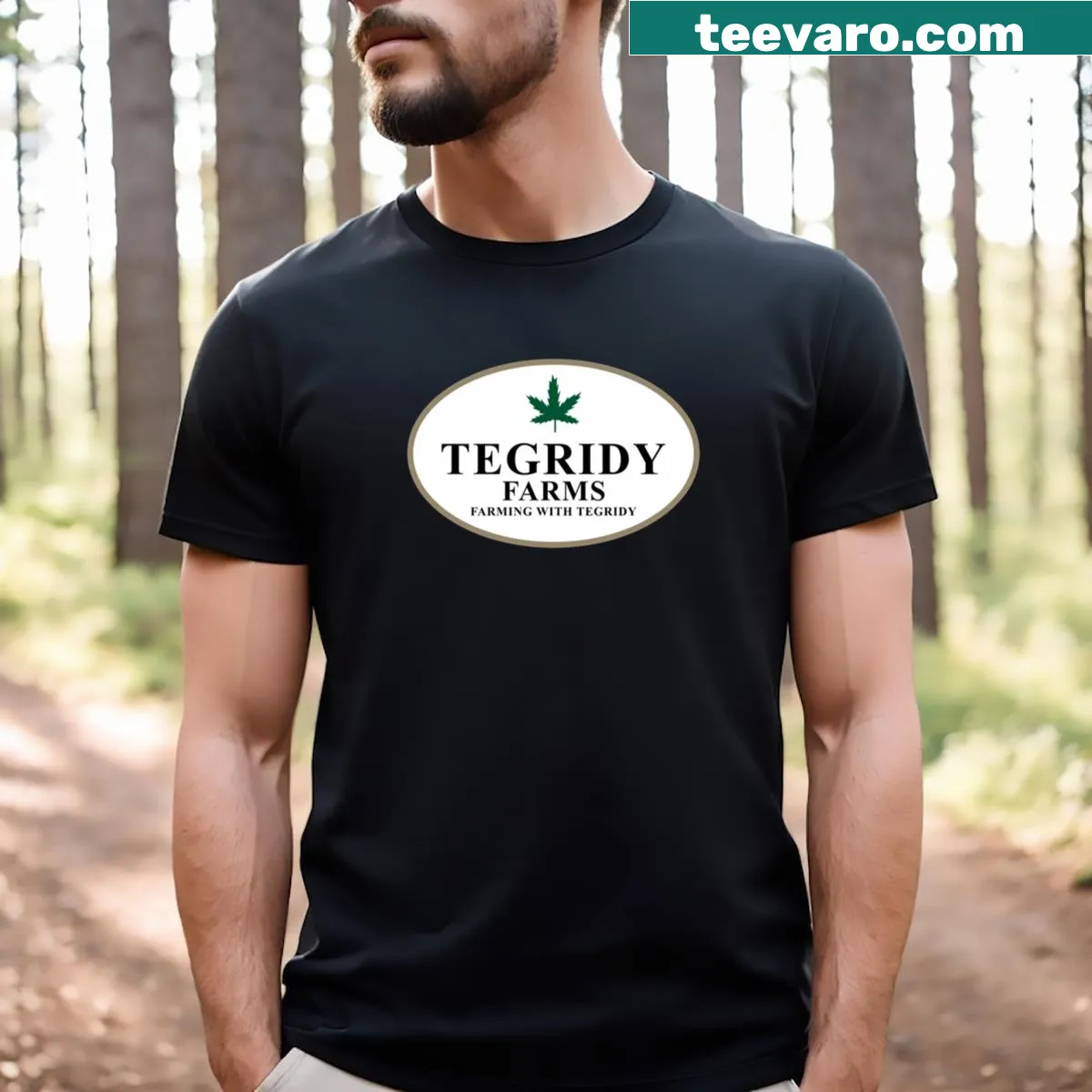 Essential T-shirt featuring Tegridy Farms graphic — on a men's t-shirt