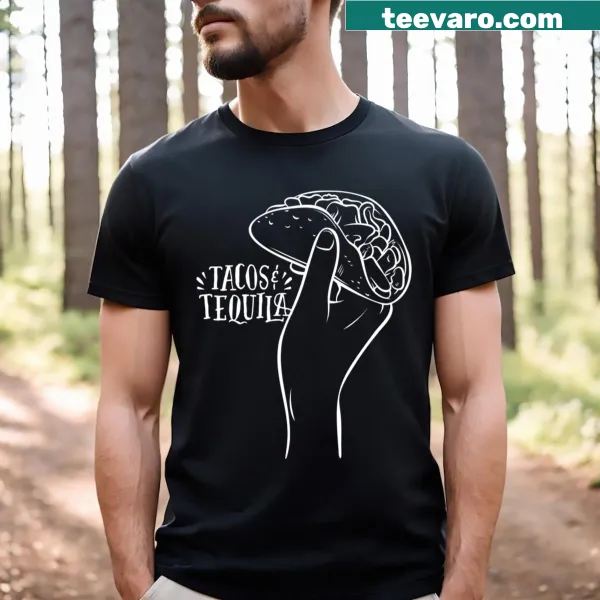 Line-art T-shirt featuring tequila and tacos