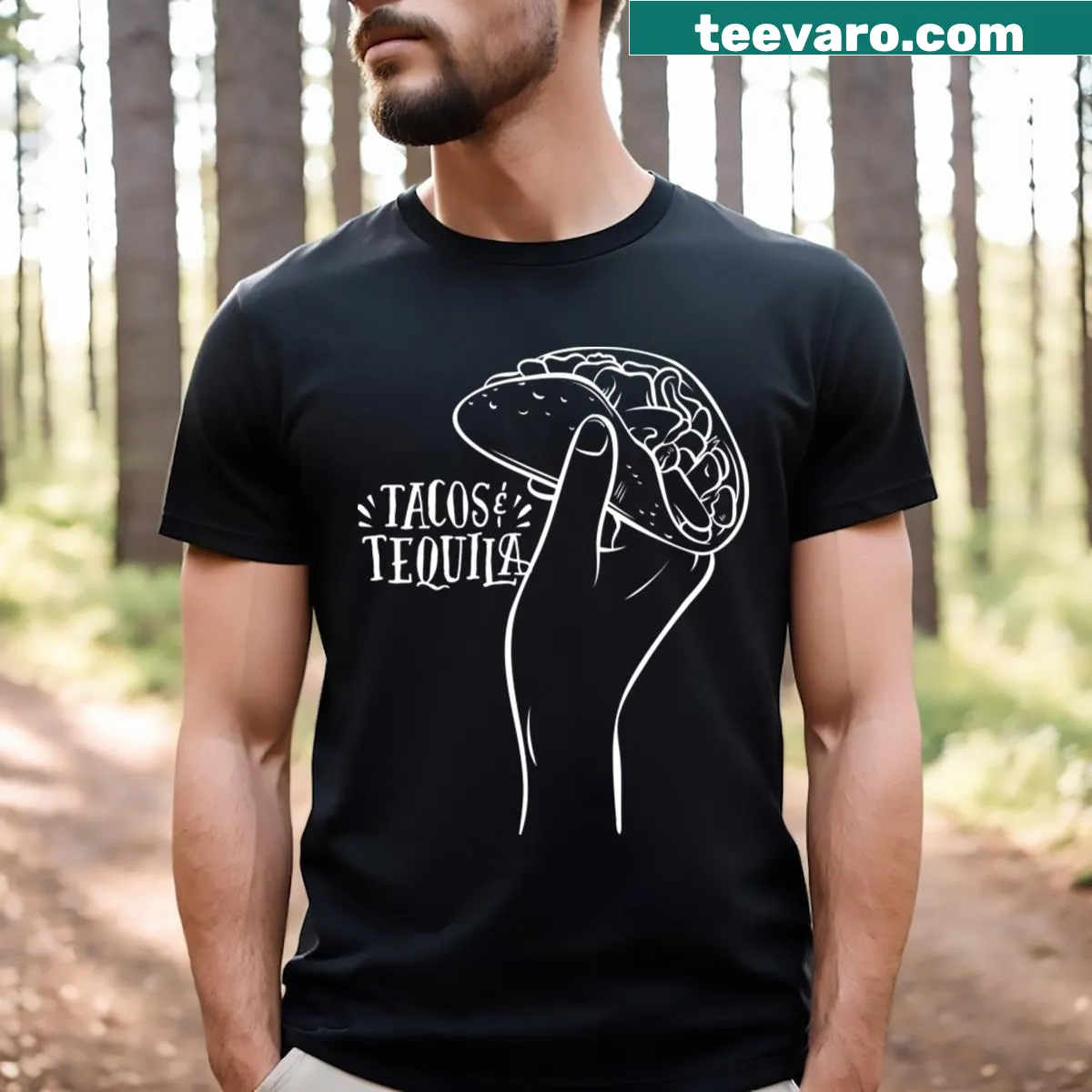 Line-art T-shirt featuring tequila and tacos — on a men's t-shirt