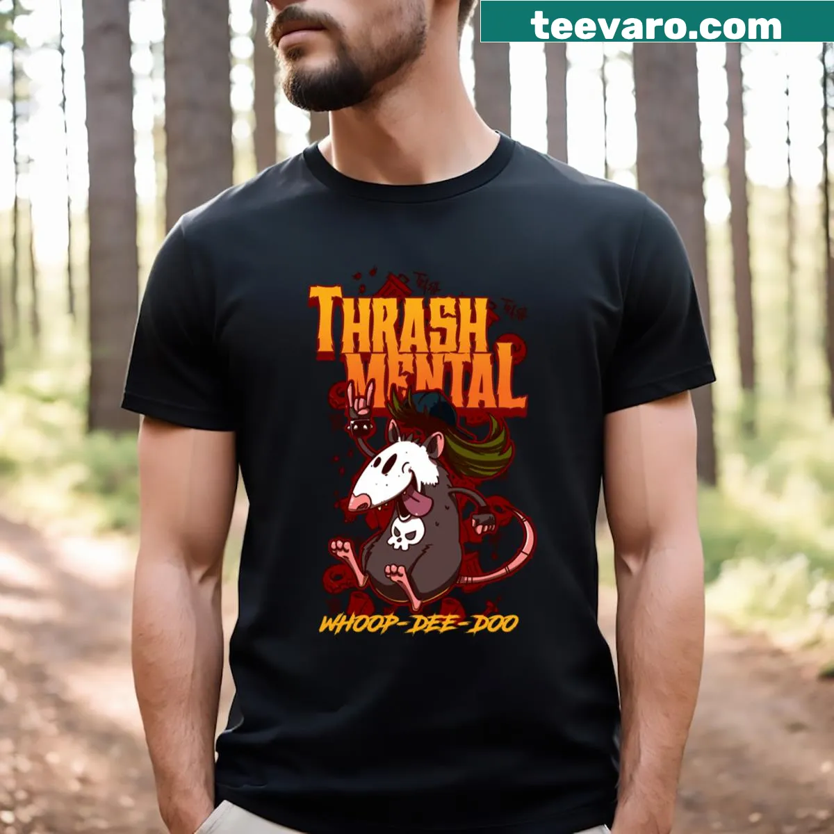 Edgy possum graphic T-shirt with a thrash mental theme — on a men's t-shirt