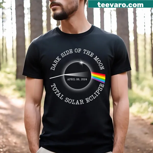 T-shirt featuring a rainbow eclipse graphic and dark side of the moon