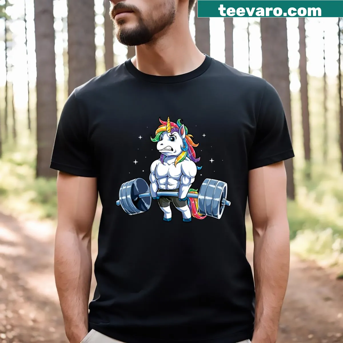 Humorous shirt featuring a unicorn lifting weights — on a men's t-shirt