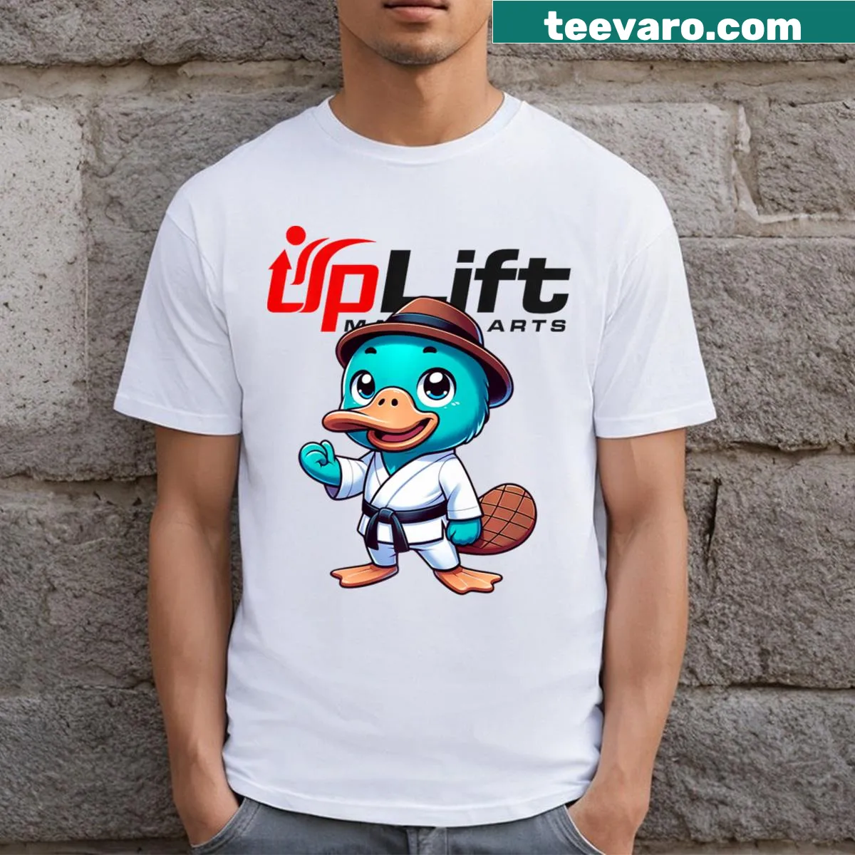 Cute platypus mascot T-shirt for kids involved in martial arts — on a men's t-shirt
