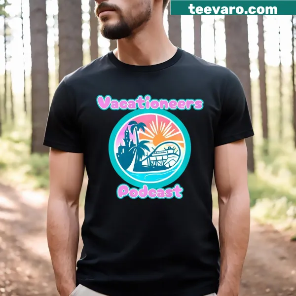 Vacationeers Podcast T-shirt featuring a new logo illustration