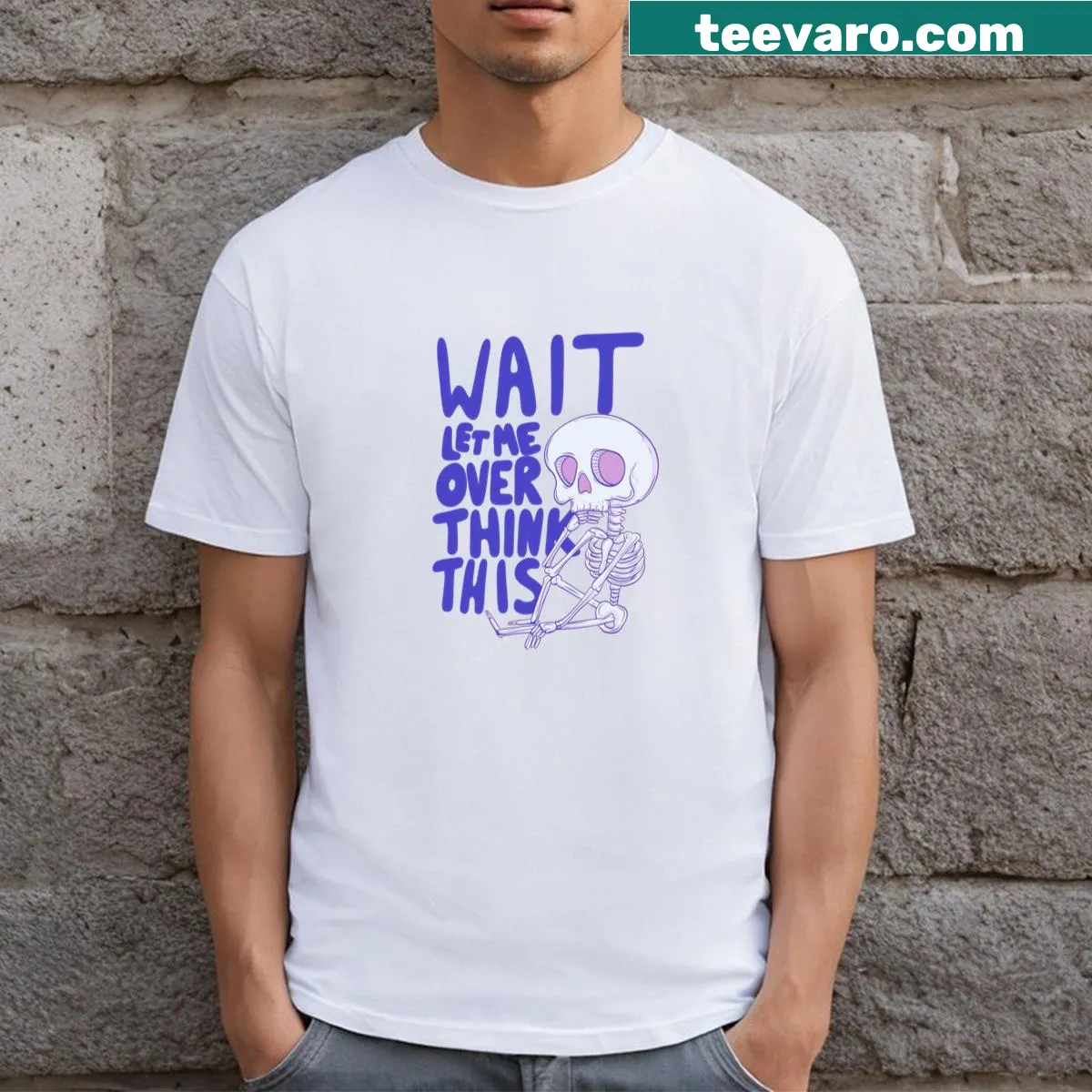 Skeleton graphic T-shirt with humorous overthinking theme — on a men's t-shirt