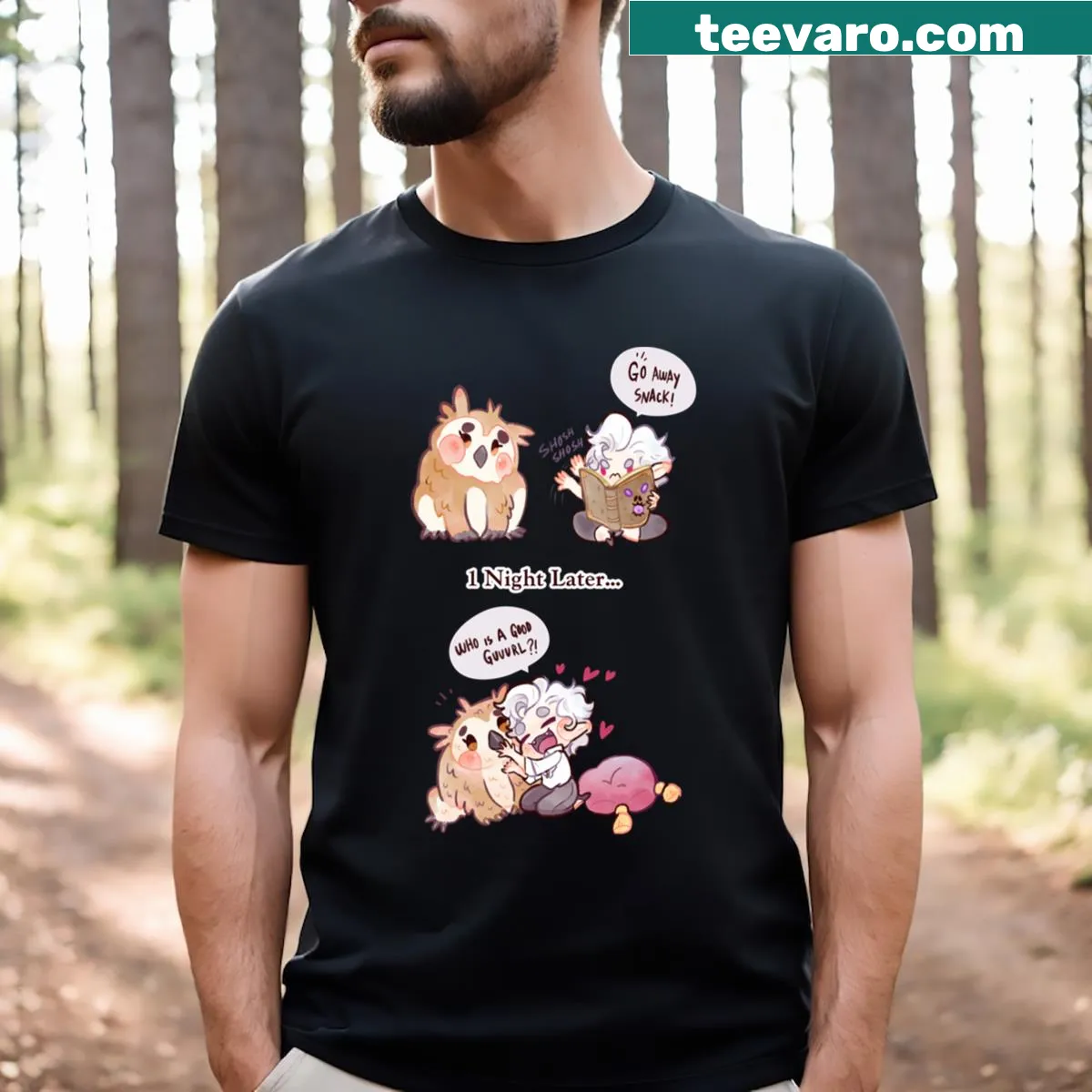 Whimsical cat-lover shirt with humorous design — on a men's t-shirt