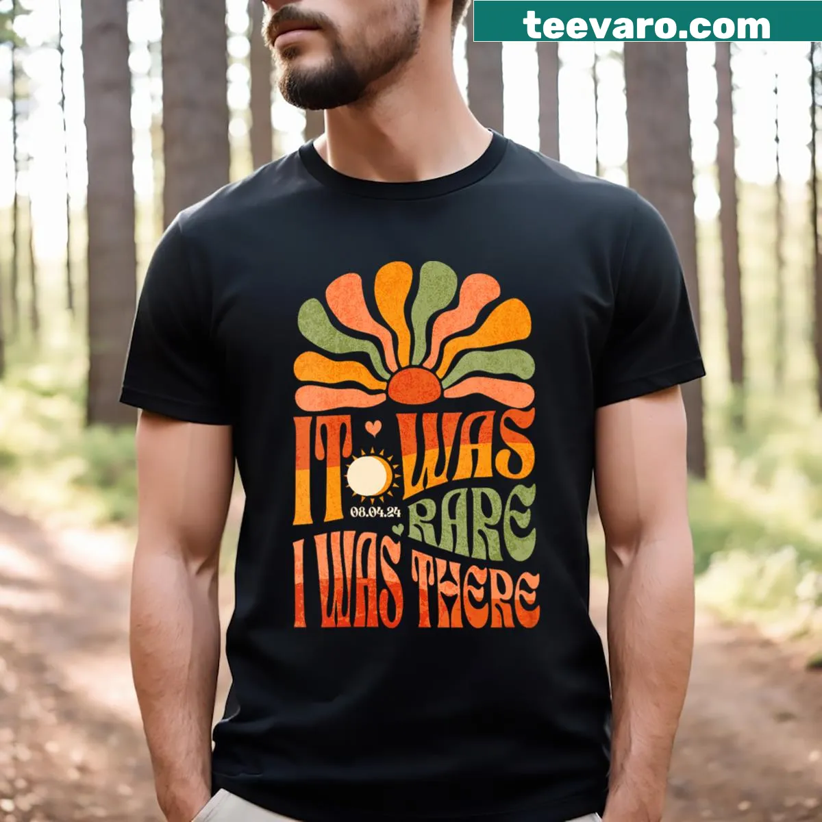 April 8 2024 text graphic on women's V-neck T-shirt — on a men's t-shirt