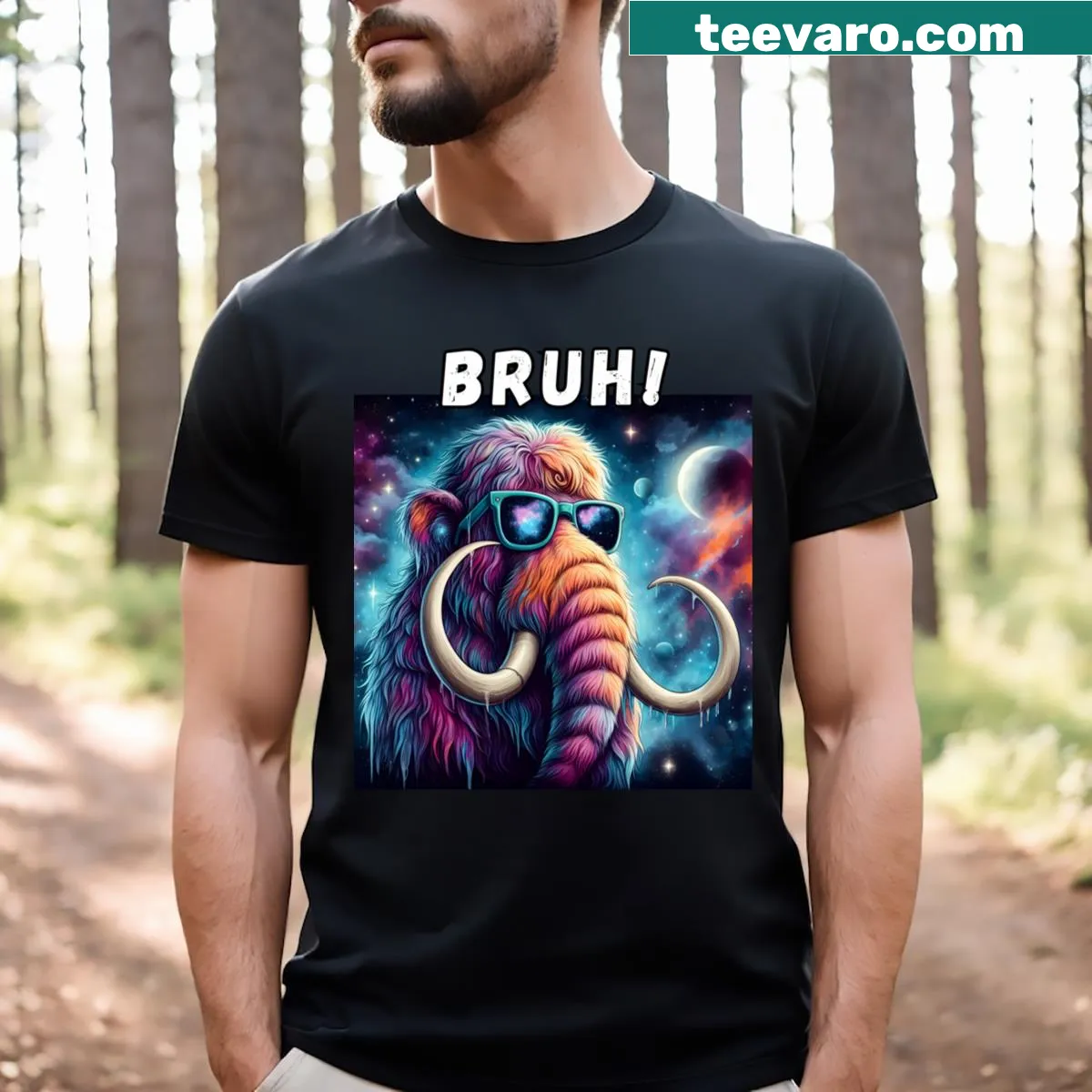 Humorous T-shirt featuring a woolly mammoth and 'Bruh' text — on a men's t-shirt
