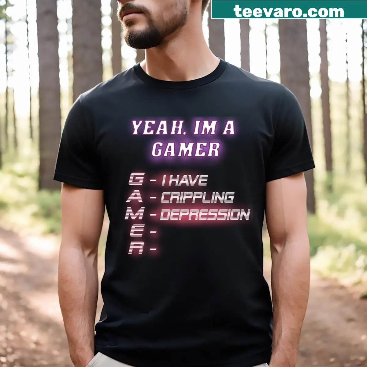 Bold text graphic on relatable gamer t-shirt — on a men's t-shirt