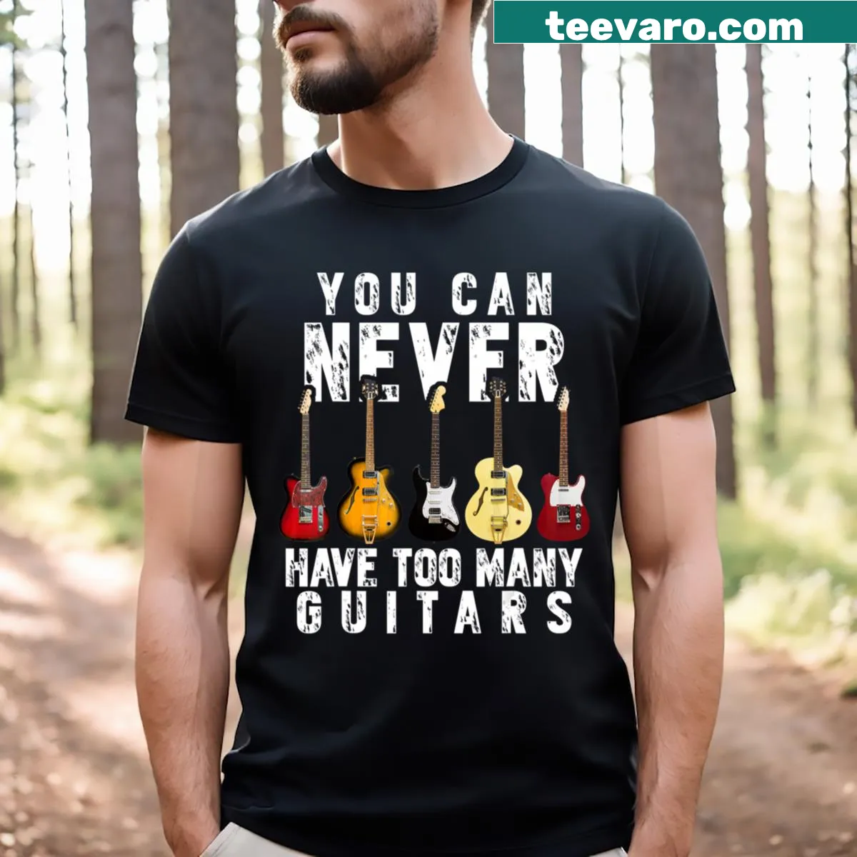 Funny guitar-themed T-shirt with playful text about owning guitars — on a men's t-shirt
