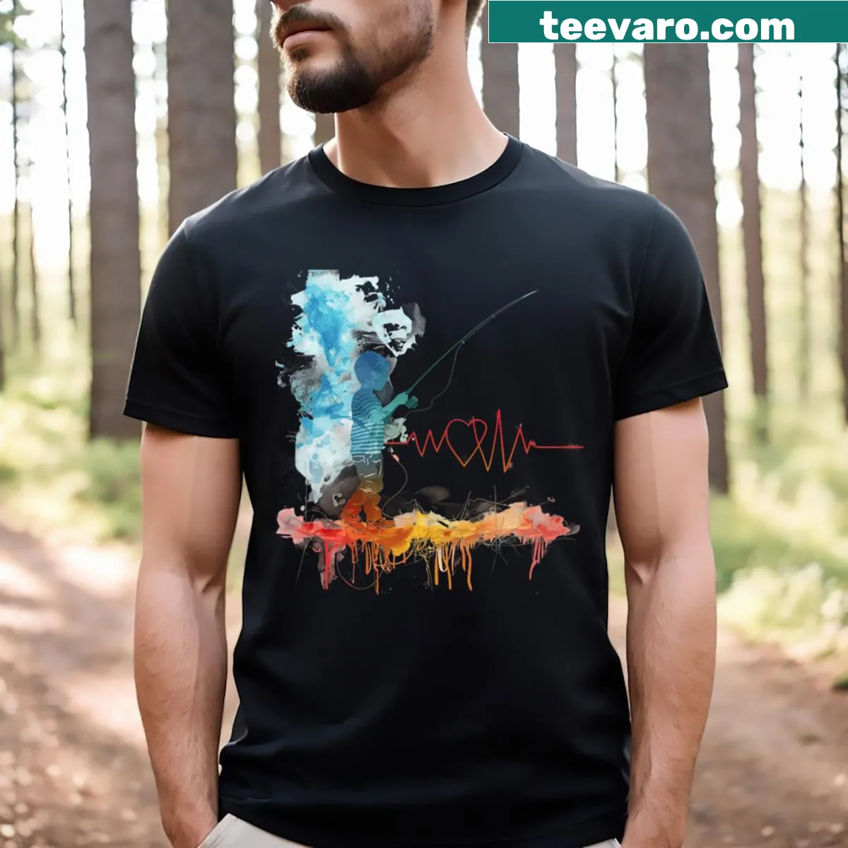 Illustrative T-shirt for young fishermen featuring a fish and adventure theme — on a men's t-shirt