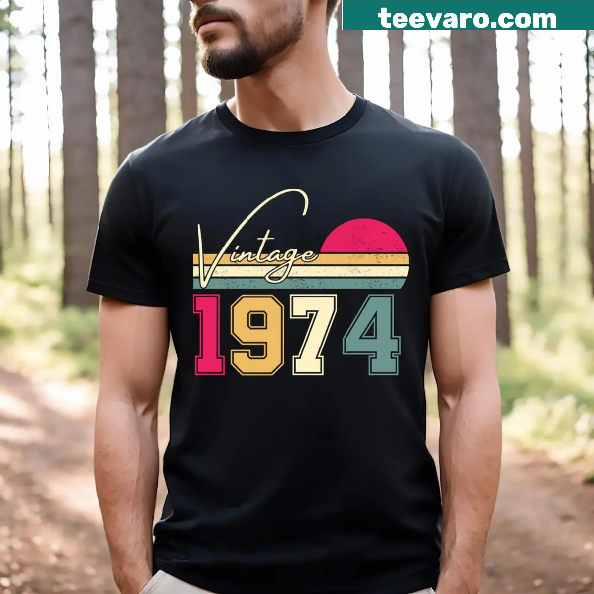 Vintage 1974 50th birthday graphic t-shirt in distressed style — on a men's t-shirt