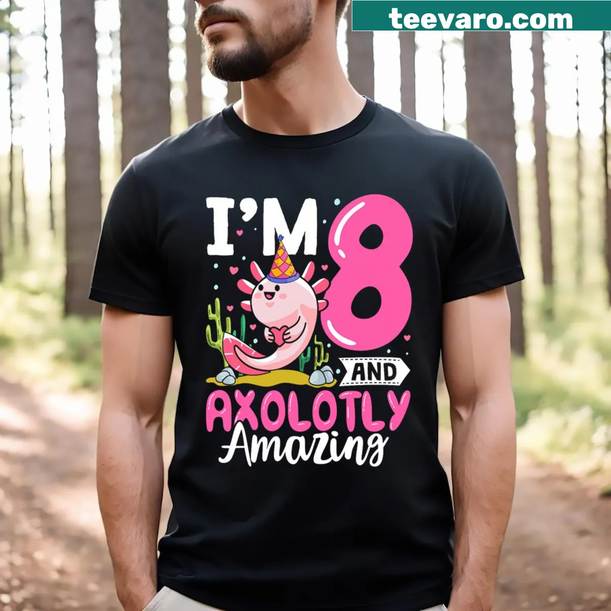 Birthday T-shirt featuring an adorable axolotl graphic — on a men's t-shirt