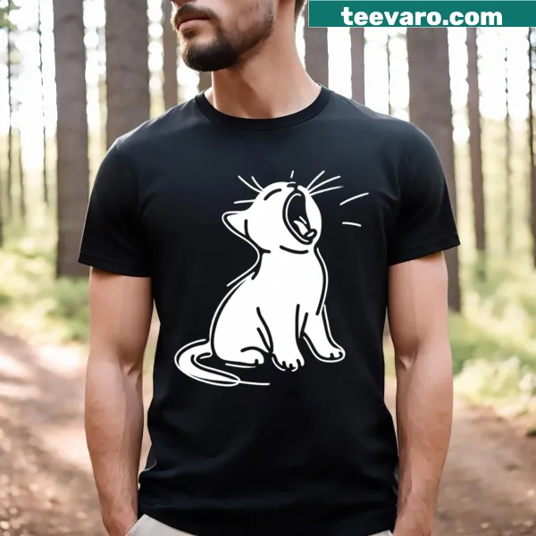 Line art doodle of a yawning cat on a t-shirt