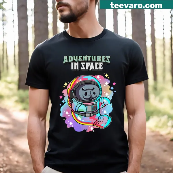 Kawaii astronaut manatee graphic t-shirt with space theme