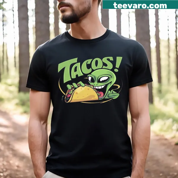 Cartoon alien eating tacos on a T-shirt