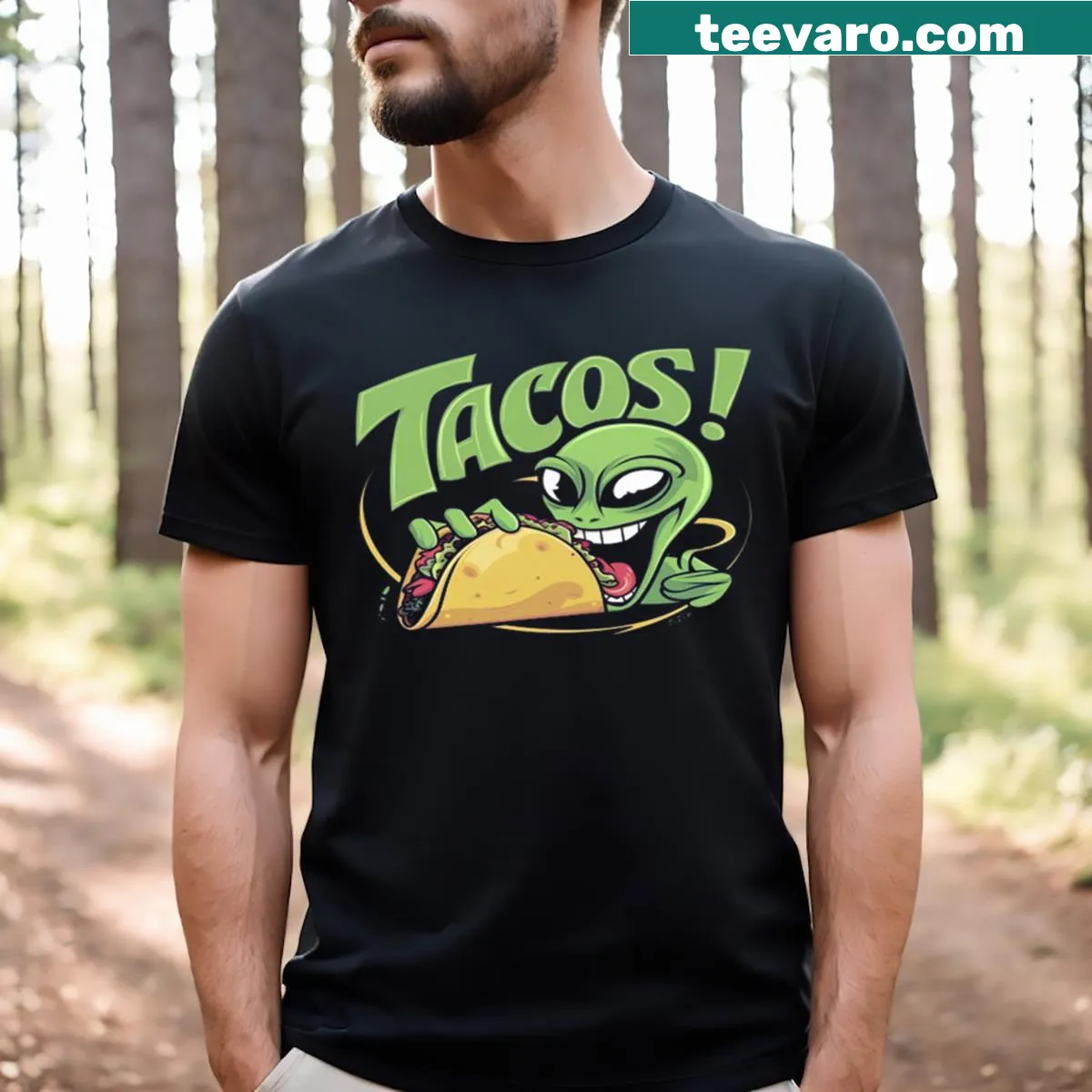Cartoon alien eating tacos on a T-shirt — on a men's t-shirt