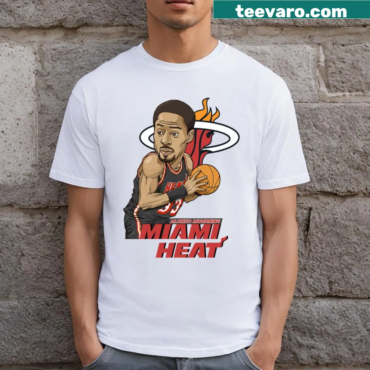 T-shirt featuring an artistic representation of basketball player Alonzo Mourning — on a men's t-shirt