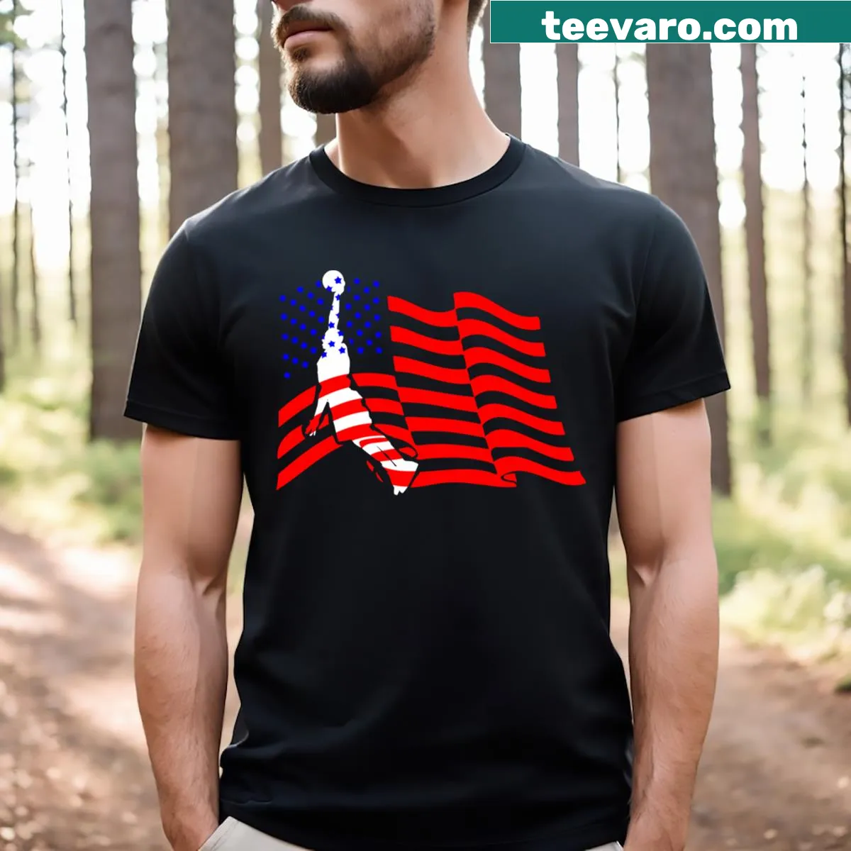 T-shirt featuring an illustration of an American flag merged with basketball elements — on a men's t-shirt