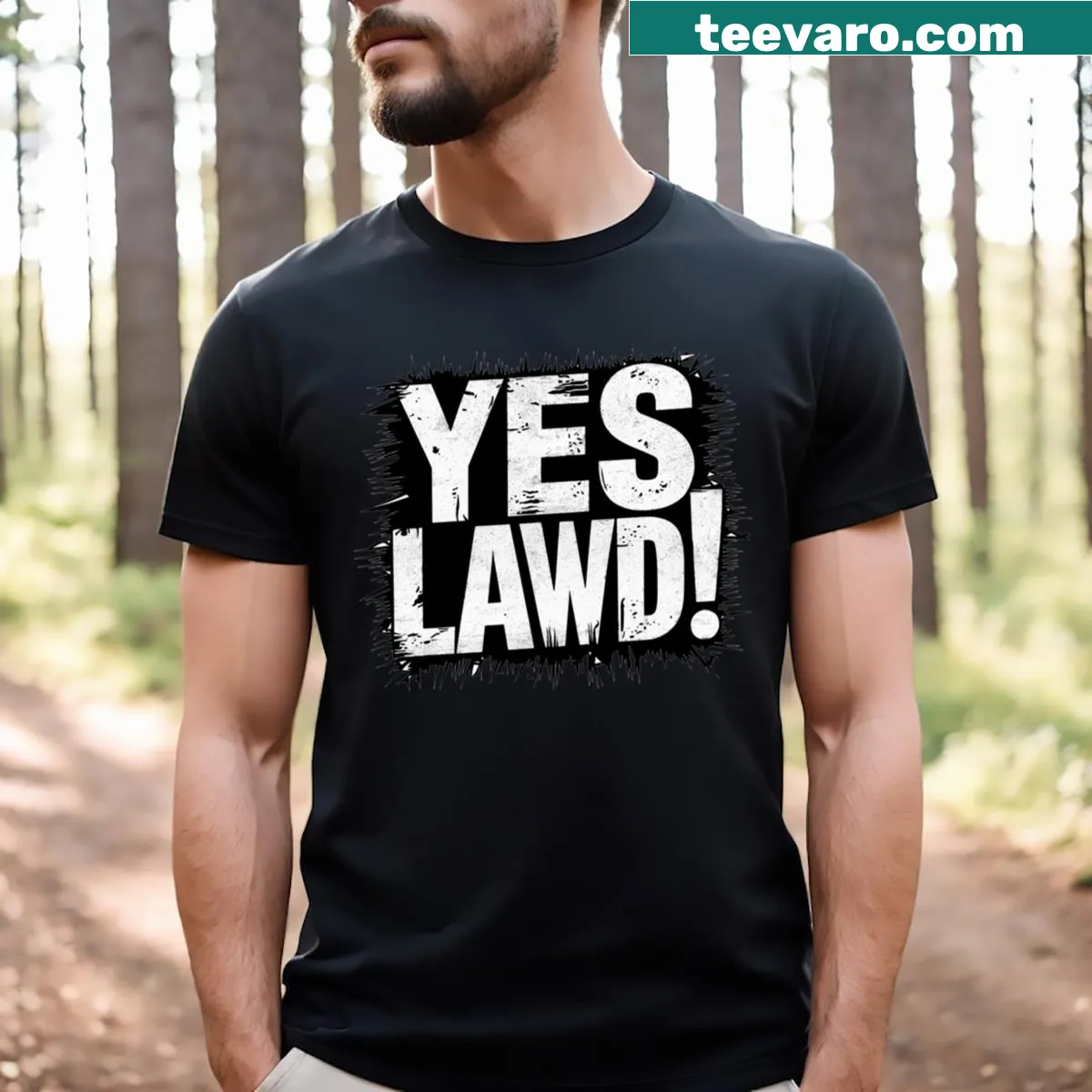 T-shirt featuring the graphic phrase 'Yes Lawd !!' — on a men's t-shirt