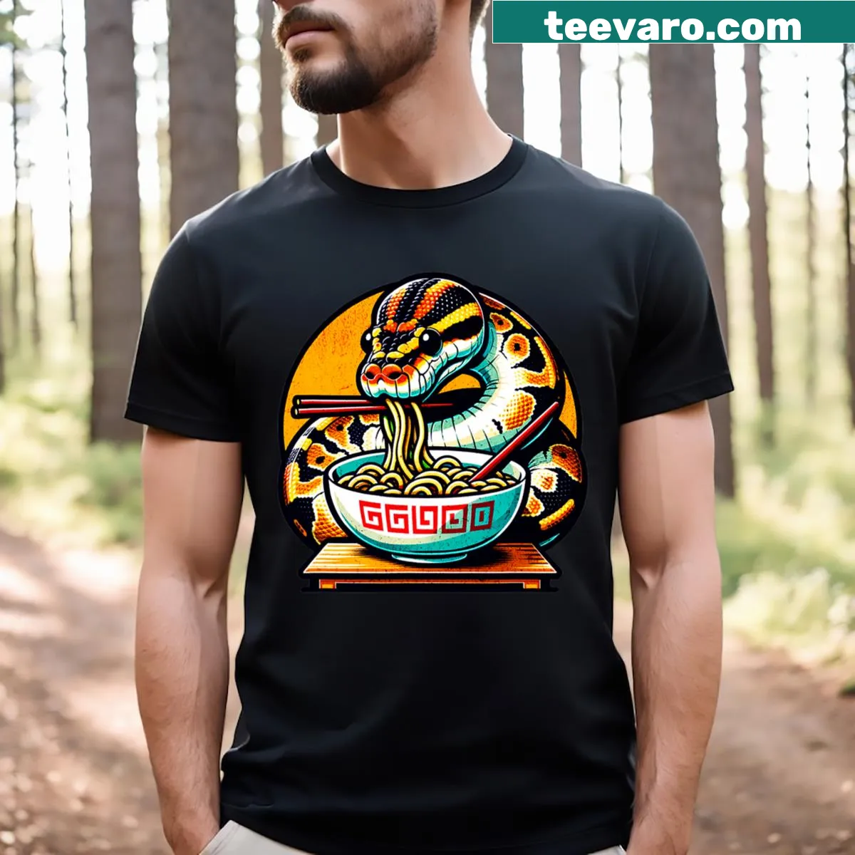 Kawaii snake and ramen graphic on a fun reptile t-shirt — on a men's t-shirt