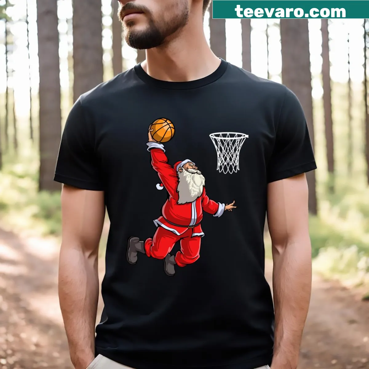 Santa dunking a basketball in a festive design for Christmas — on a men's t-shirt