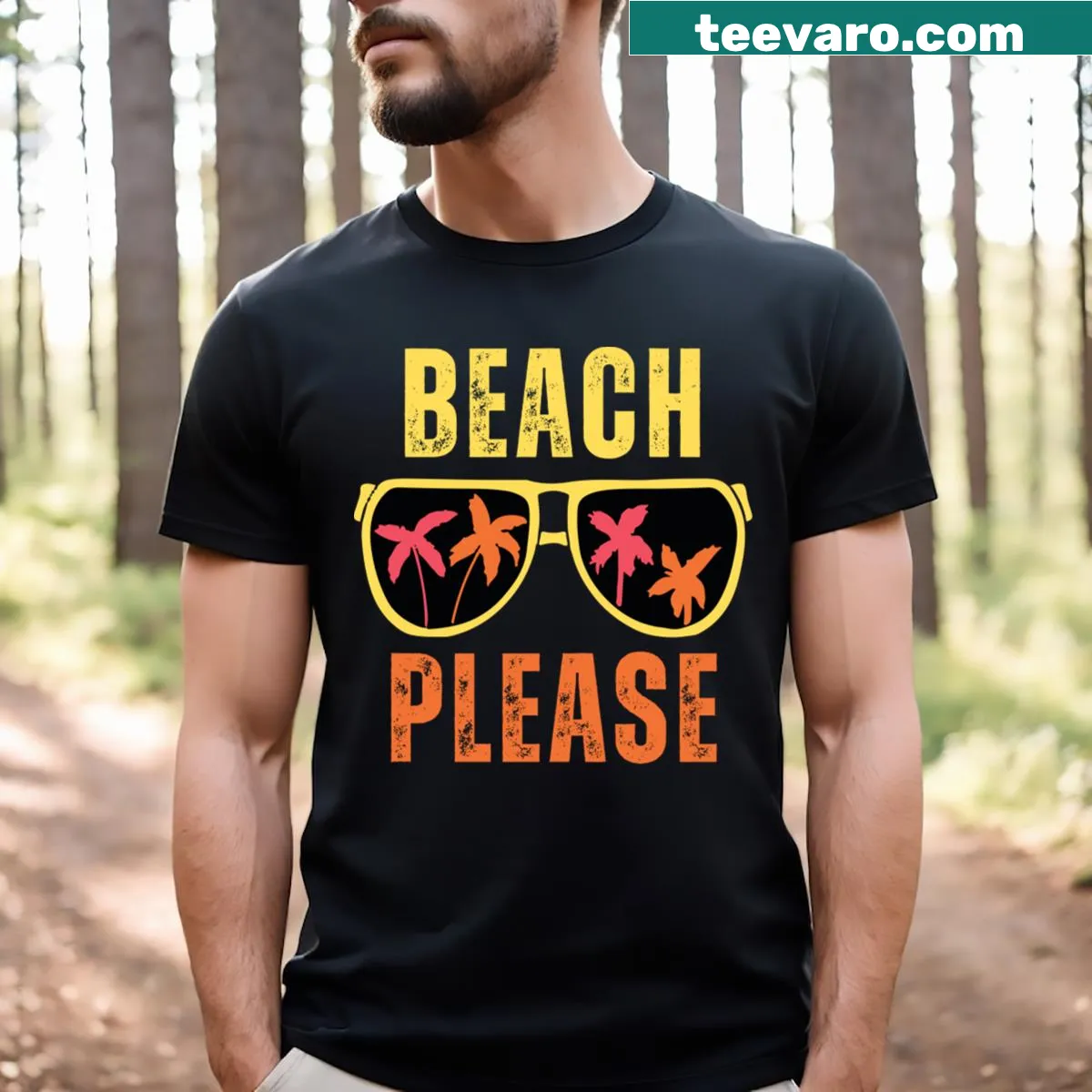 Playful Beach Please T-shirt with fun typography — on a men's t-shirt