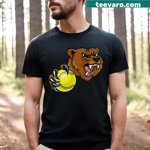 Cartoon bear mascot t-shirt holding a tennis ball