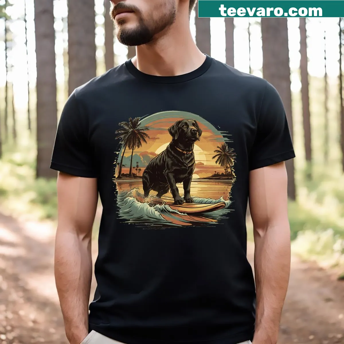 Black Labrador Retriever graphic on a beach-themed T-shirt — on a men's t-shirt