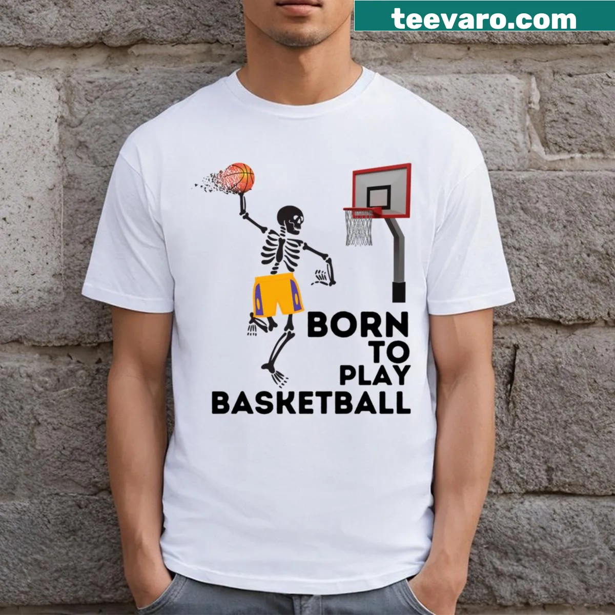 Funny skeleton design with basketball theme — on a men's t-shirt