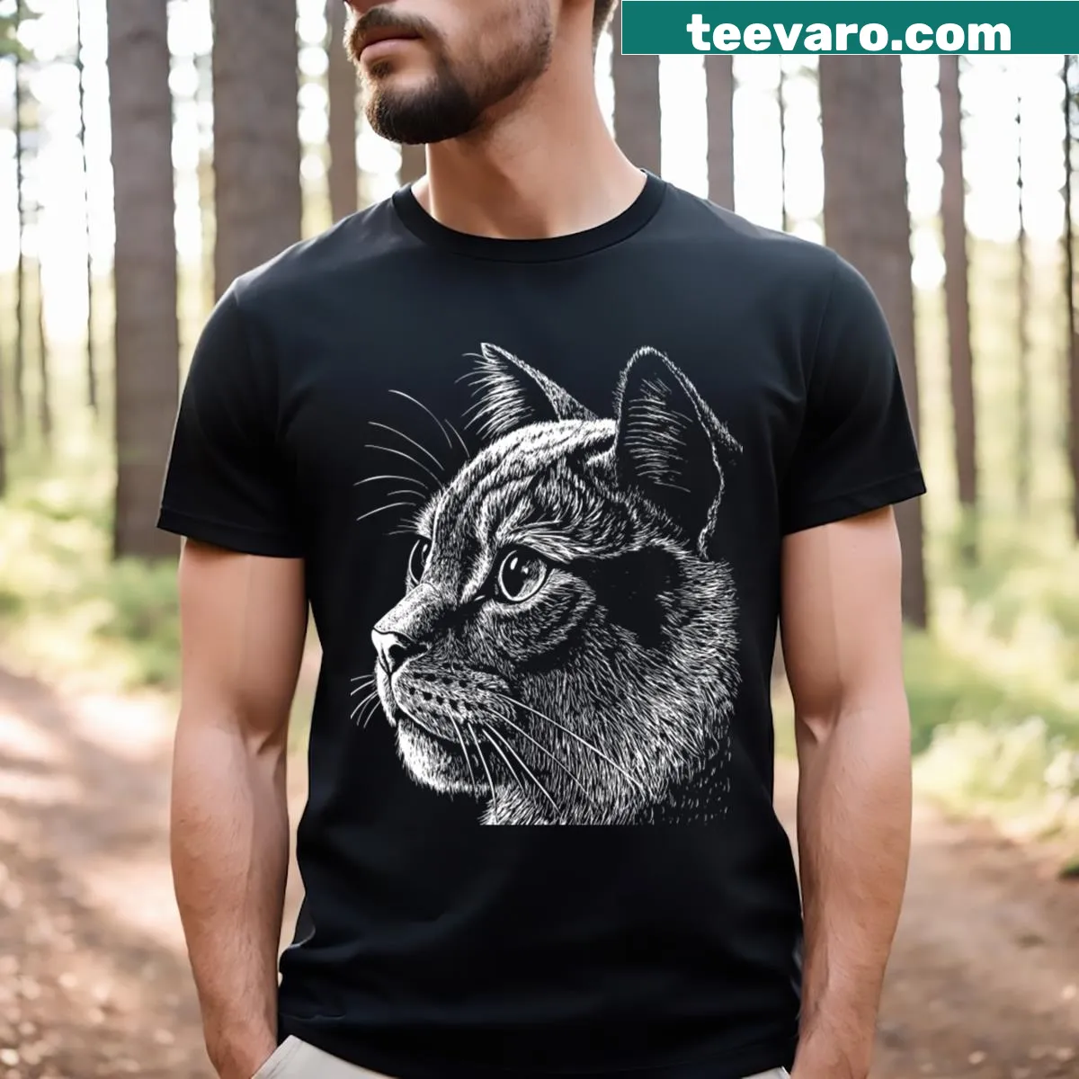 T-shirt featuring an illustration of a British Shorthair cat — on a men's t-shirt