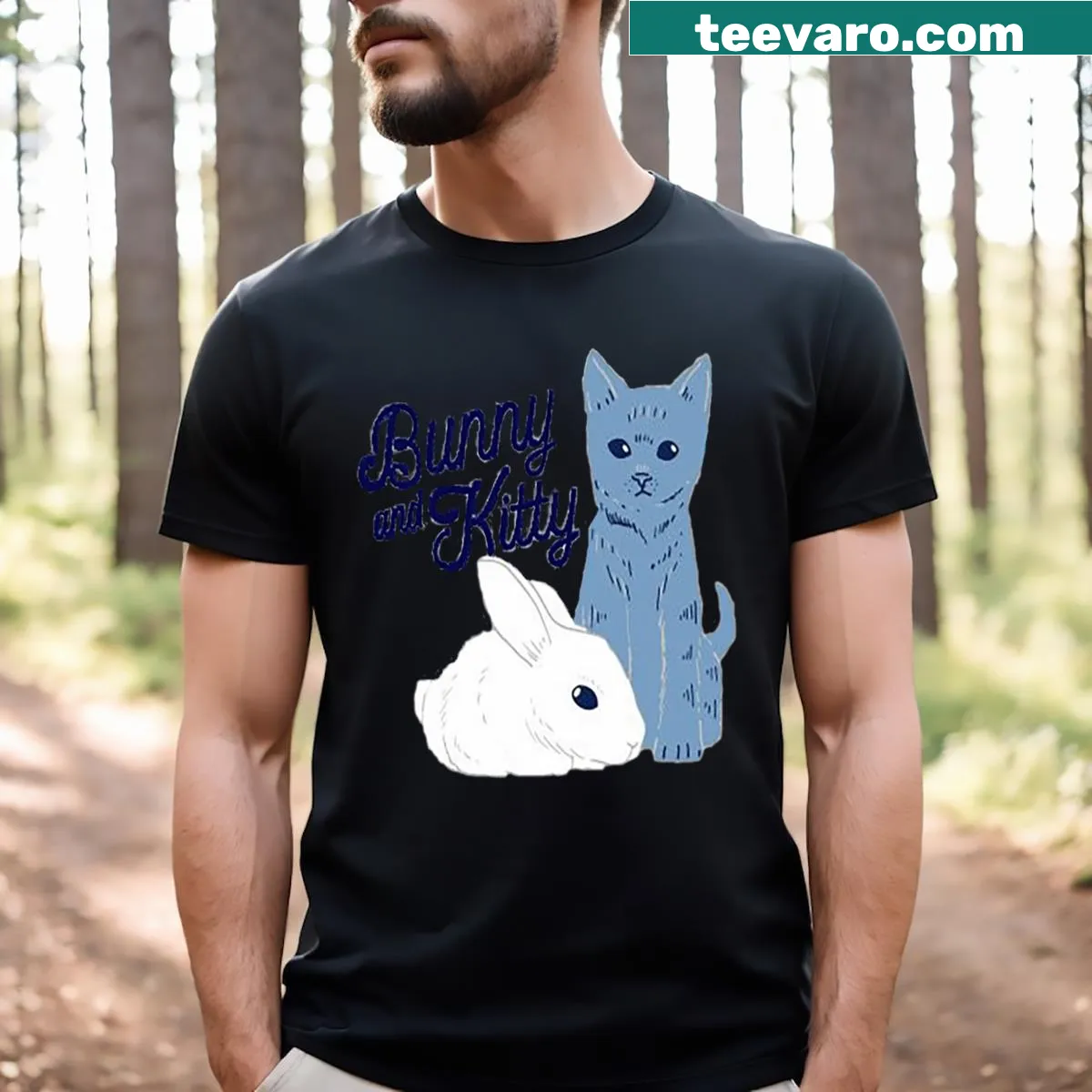 Illustration of a bunny and kitty on a humorous T-shirt — on a men's t-shirt