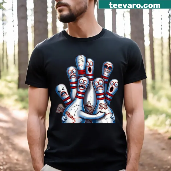 Funny bowling T-shirt featuring scared cartoon bowling pins.